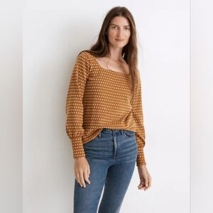 Madewell Jacquard Floral Square Neck Shirt Mustard Yellow White Sz XS Boho